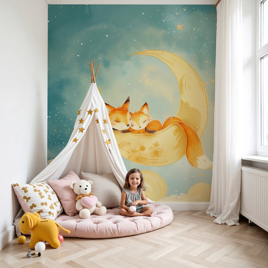Kids-Mundo sleeping fox wall mural with a golden moon in a cosy nursery