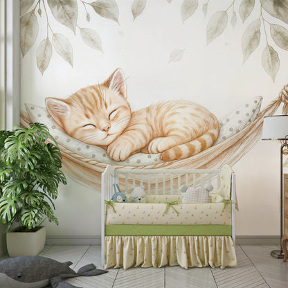 Kids-Mundo kitten hammock wall mural on the wall of a cosy kids' bedroom