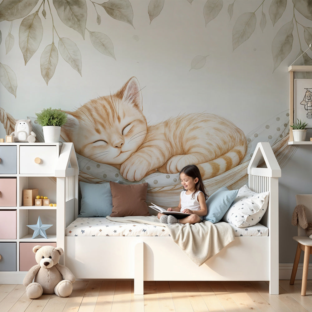 Kids-Mundo sleeping kitten hammock wall mural styled in a calm baby nursery
