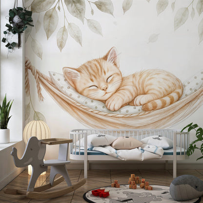 Kids-Mundo sleeping kitten mural bringing gentle charm to a children's playroom