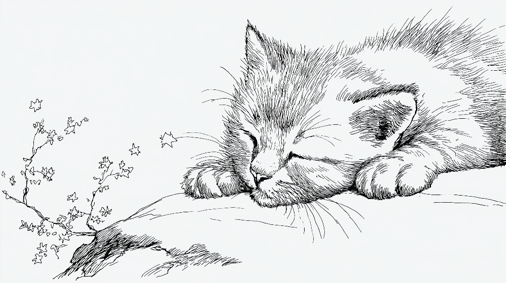 Kids-Mundo flat artwork of a pen-sketched sleeping kitten beside a flowering branch