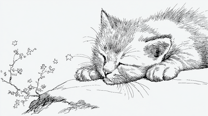 Kids-Mundo flat artwork of a pen-sketched sleeping kitten beside a flowering branch