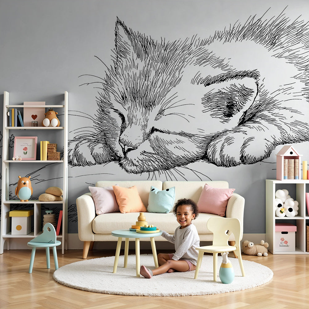 Kids-Mundo sleeping kitten sketch wall mural made to measure in a calm nursery