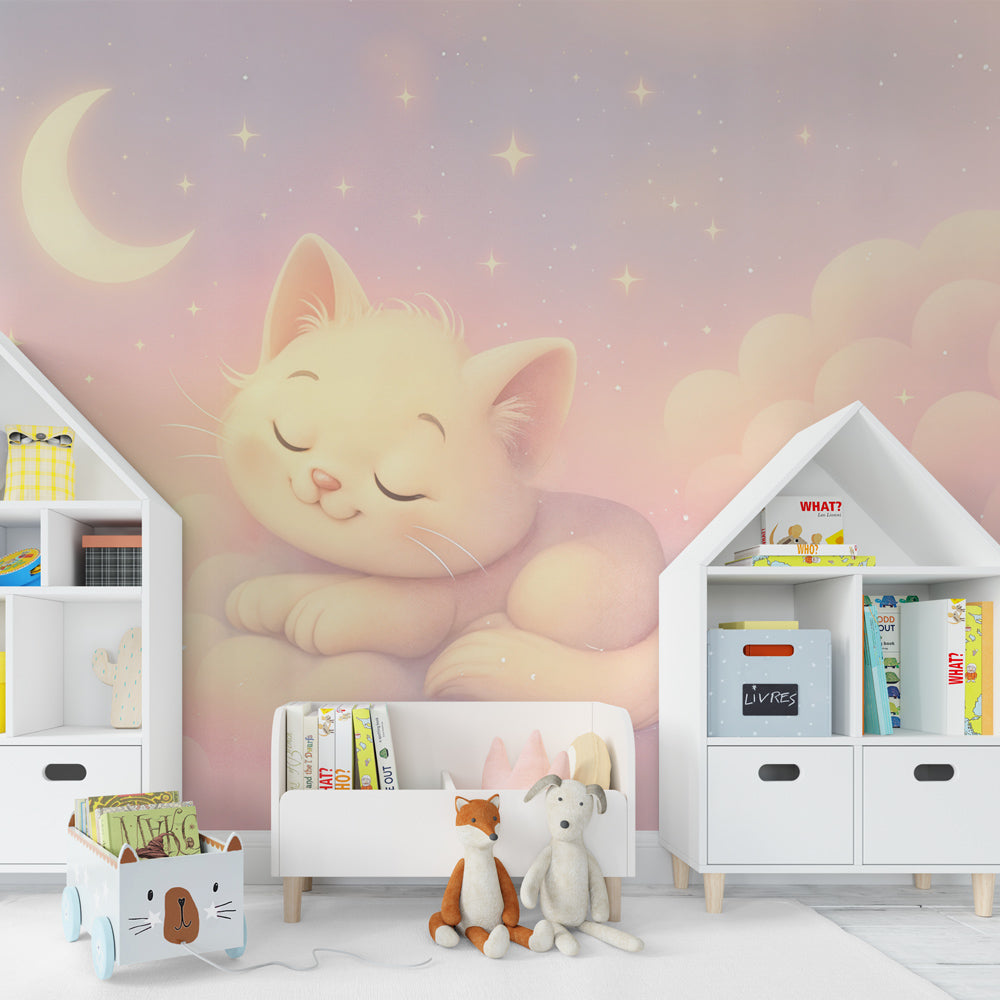 Kids-Mundo dreamy kitten wall mural bringing calm to a children's playroom corner