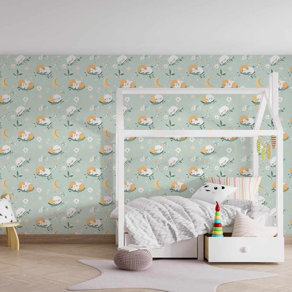 Gentle cat themed mural wallpaper with moon and stars for children's playroom