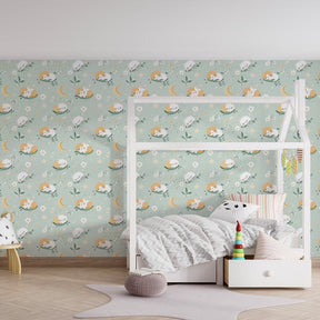 Gentle cat themed mural wallpaper with moon and stars for children's playroom
