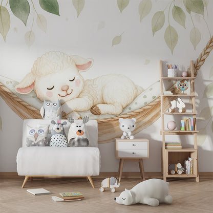 Kids-Mundo lamb and hammock wall mural styled in a calm, neutral kids bedroom