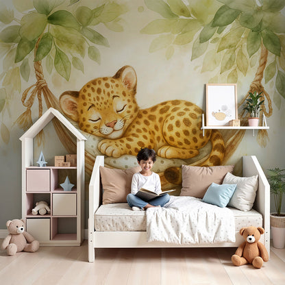 Kids-Mundo sleeping baby leopard hammock wall mural in a warm, cosy nursery.
