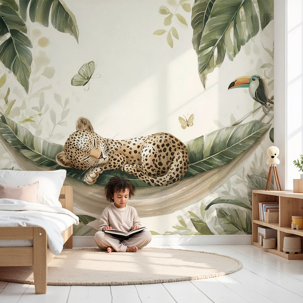 Sleeping leopard jungle wall mural by Kids-Mundo styled in a calm nursery with soft green tones