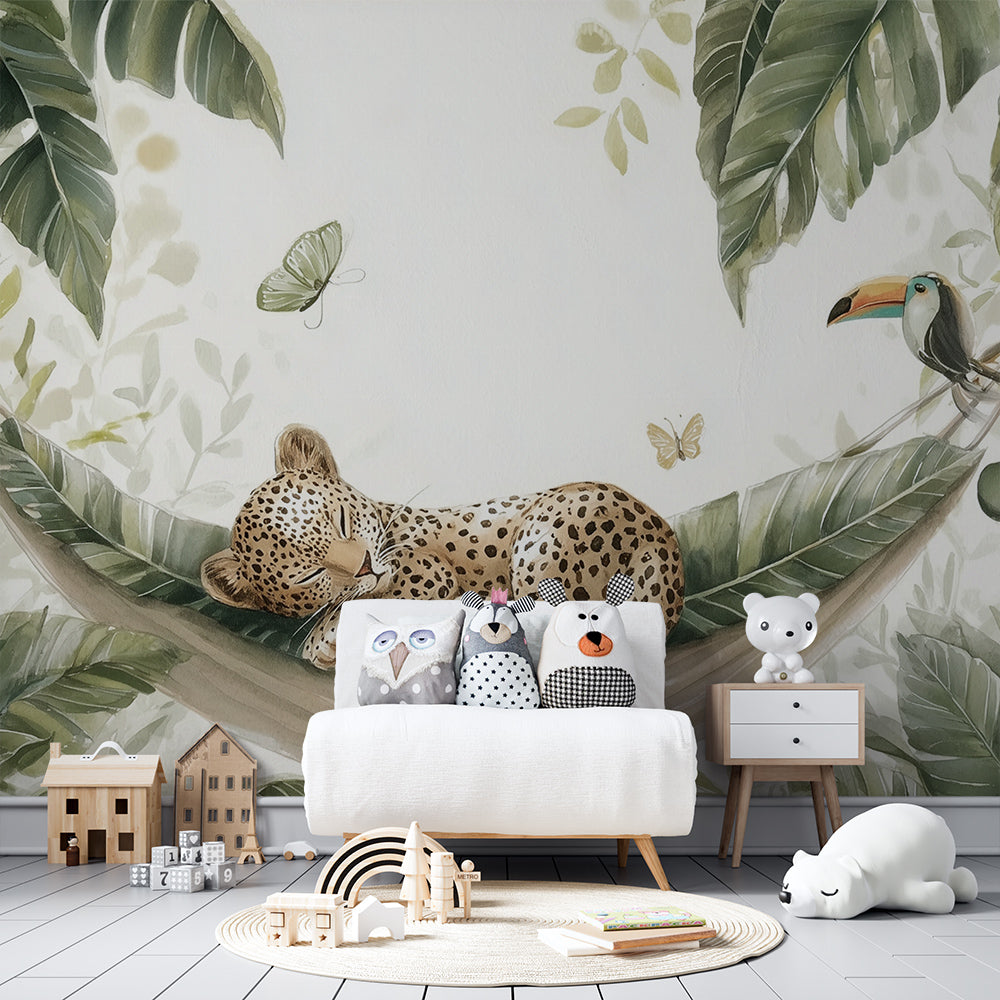 Jungle hammock leopard wall mural by Kids-Mundo brightening a playful children's playroom wall