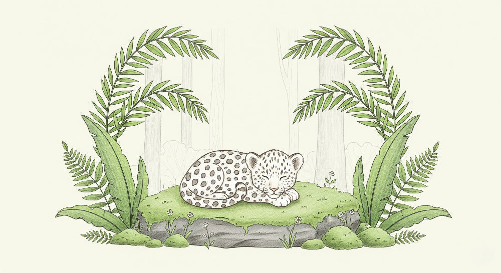 Detailed sleeping leopard jungle mural wallpaper design pattern with tropical foliage by Kids-Mundo
