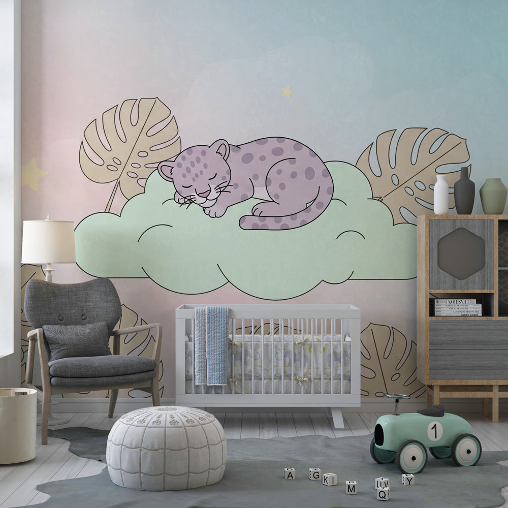 Dreamy leopard on cloud wallpaper creating peaceful atmosphere in children's bedroom decor