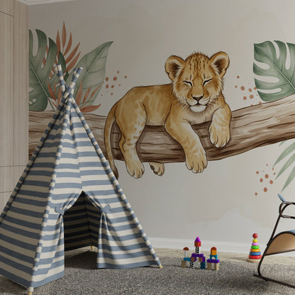 Kids-Mundo lion cub wall mural covering a kids' bedroom wall behind a single bed