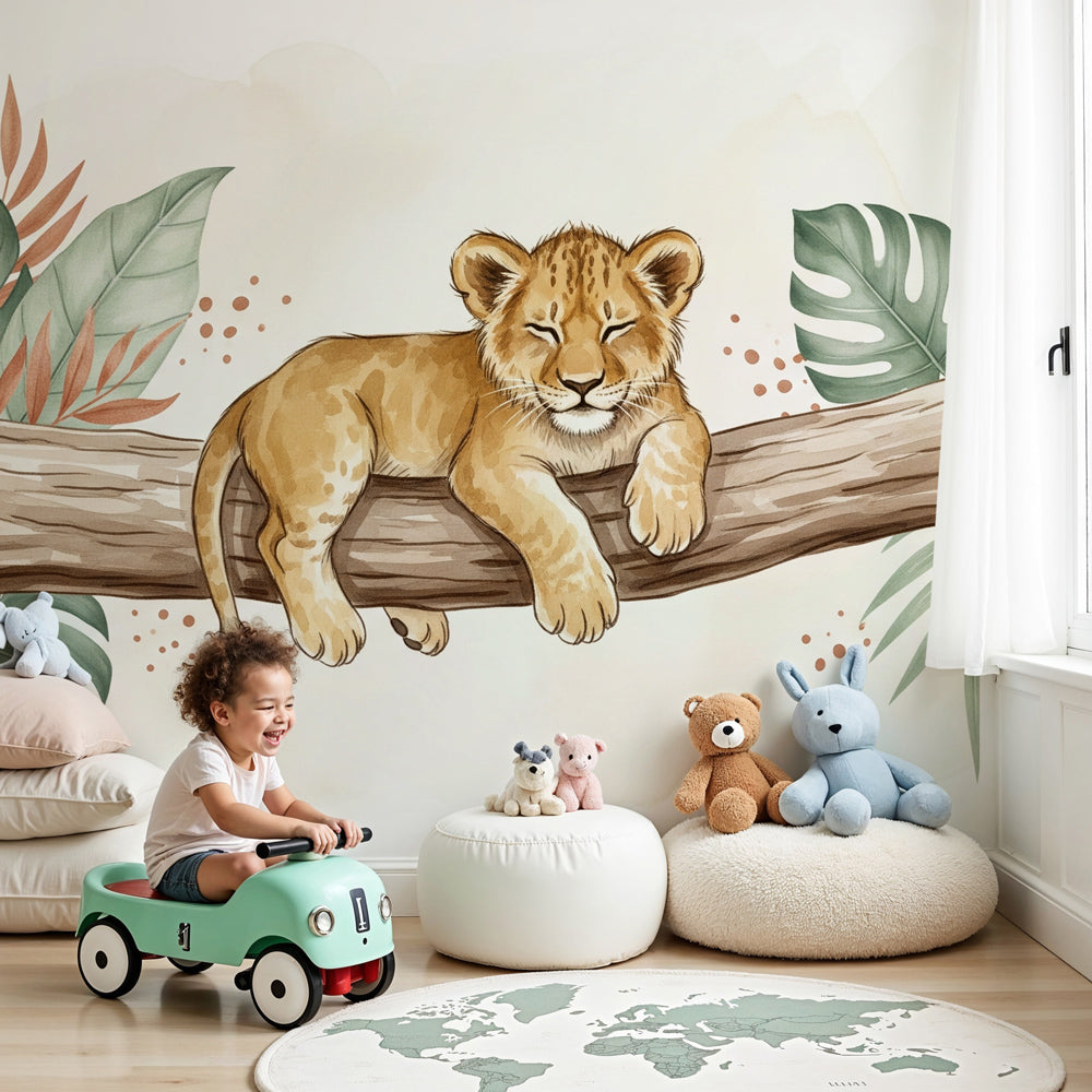 Kids-Mundo sleeping lion cub wall mural above a cot in a warm-toned nursery