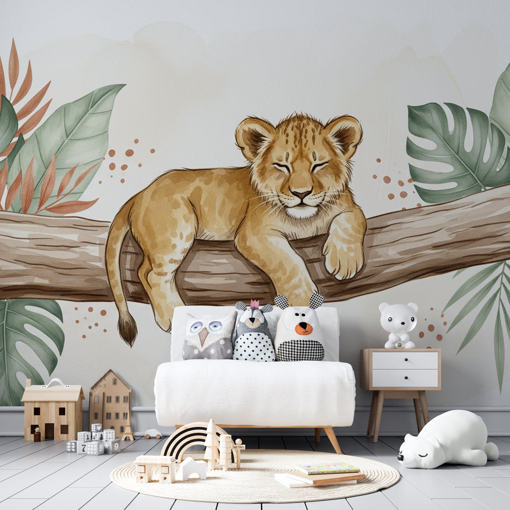 Kids-Mundo sleeping lion cub mural bringing warm tones to a cosy playroom wall