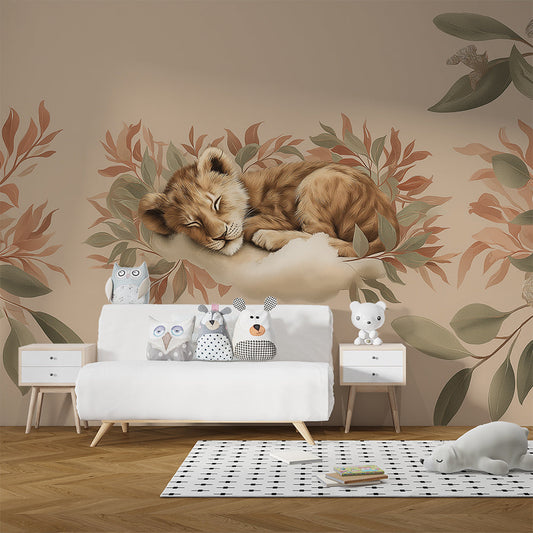 Kids-Mundo lion cub mural with soft botanical leaves styled in a kids bedroom