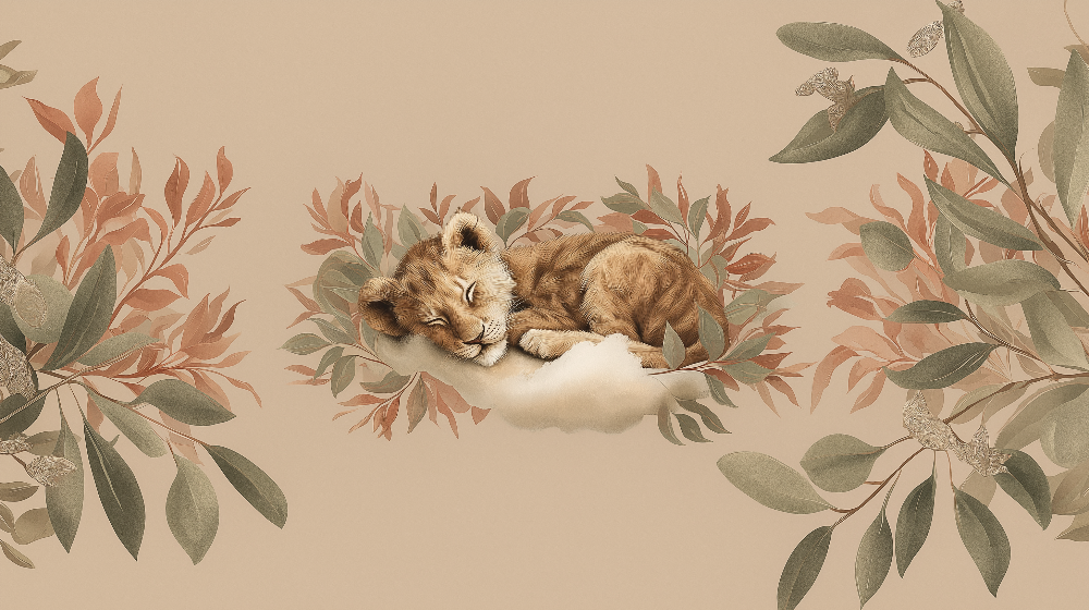 Sleeping Lion Cub Among Taupe Leaves Wall Mural