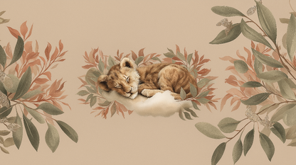 Kids-Mundo flat artwork of a sleeping lion cub among taupe and sage leaves for this wall mural