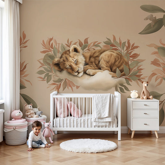 Kids-Mundo sleeping lion cub wall mural in a calming taupe and sage nursery