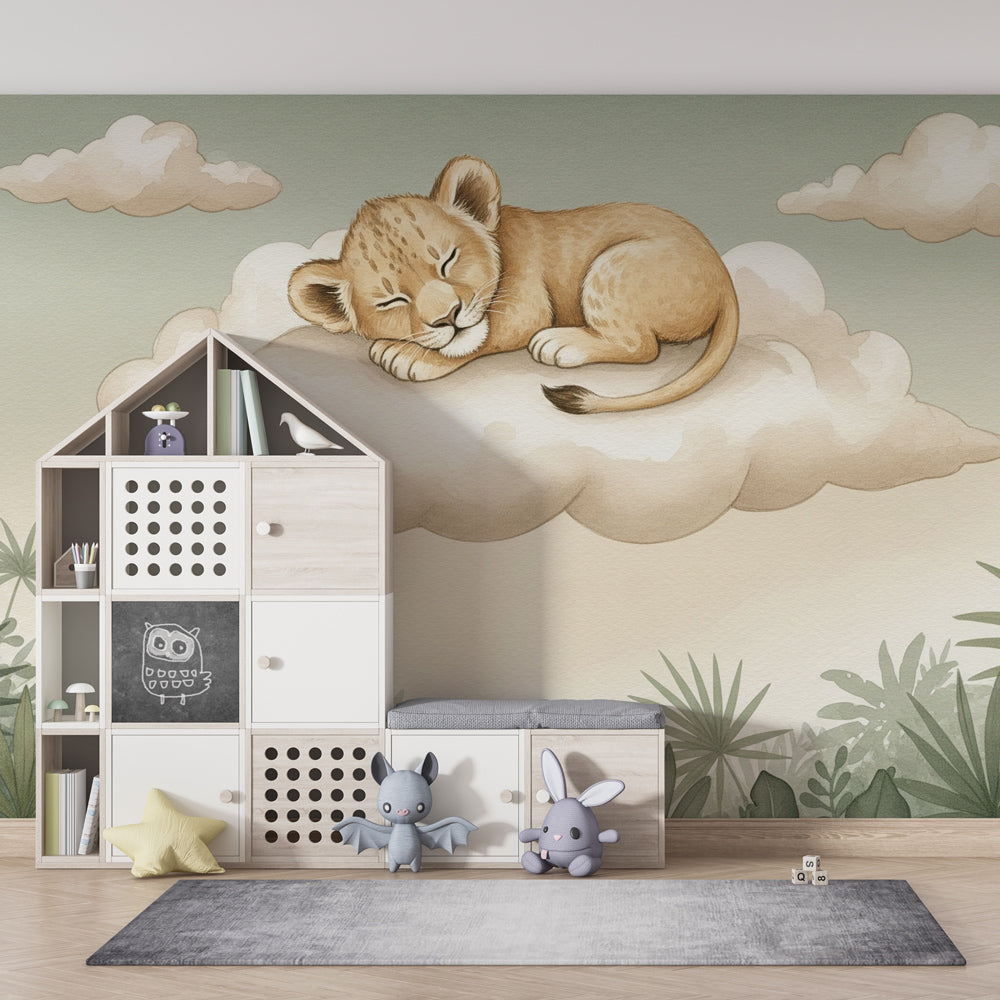 Peaceful sleeping lion wallpaper creating calming atmosphere in children's bedroom