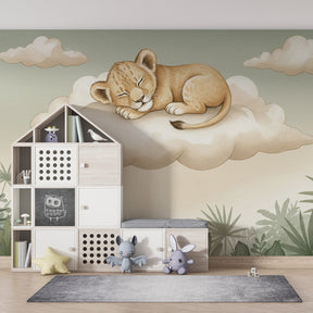 Peaceful sleeping lion wallpaper creating calming atmosphere in children's bedroom
