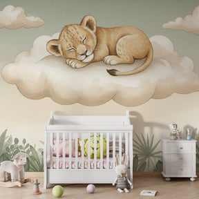 Baby nursery featuring sleeping lion on cloud mural wallpaper with pastel furnishings