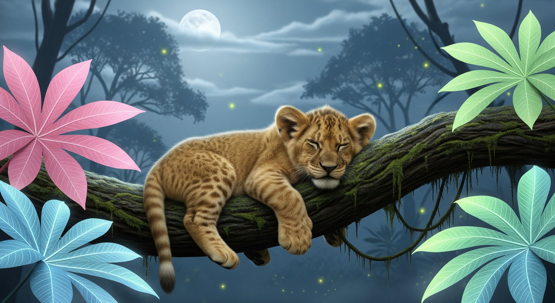 Detailed sleeping lion cub wallpaper design pattern with moonlit branch by Kids-Mundo