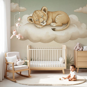 Sleeping lion mural wallpaper in serene baby nursery with light wood crib by Kids-Mundo