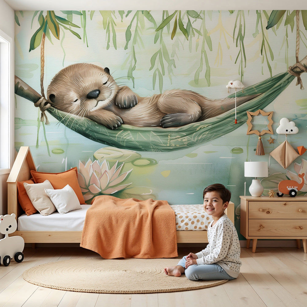 Kids-Mundo willow hammock otter wall mural decorating a calm kids bedroom wall