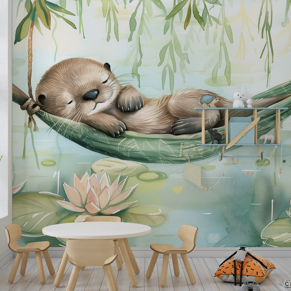 Kids-Mundo sleeping otter hammock wall mural styled in a soft blue and green nursery