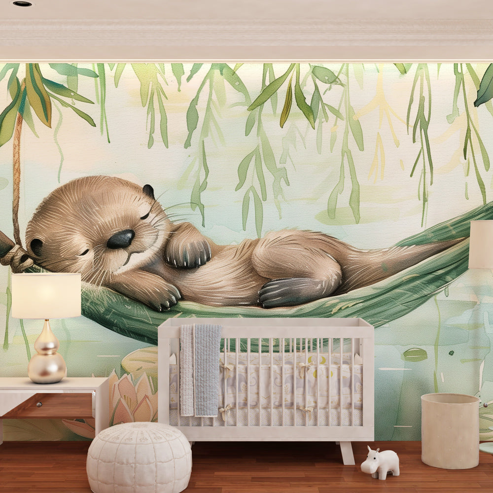 Kids-Mundo otter and lily pond wall mural brightening a children's playroom