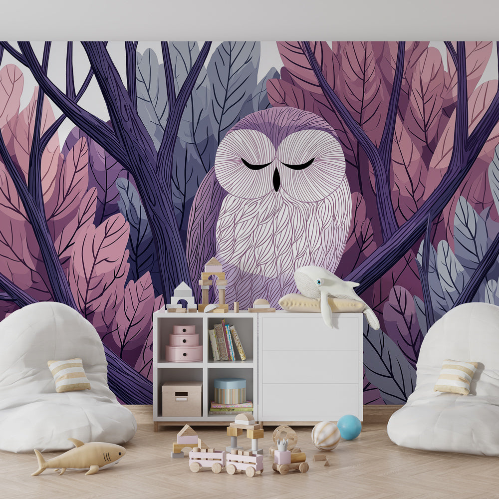 Kids-Mundo owl in autumn leaves wall mural behind a bed in a calm pink kids bedroom