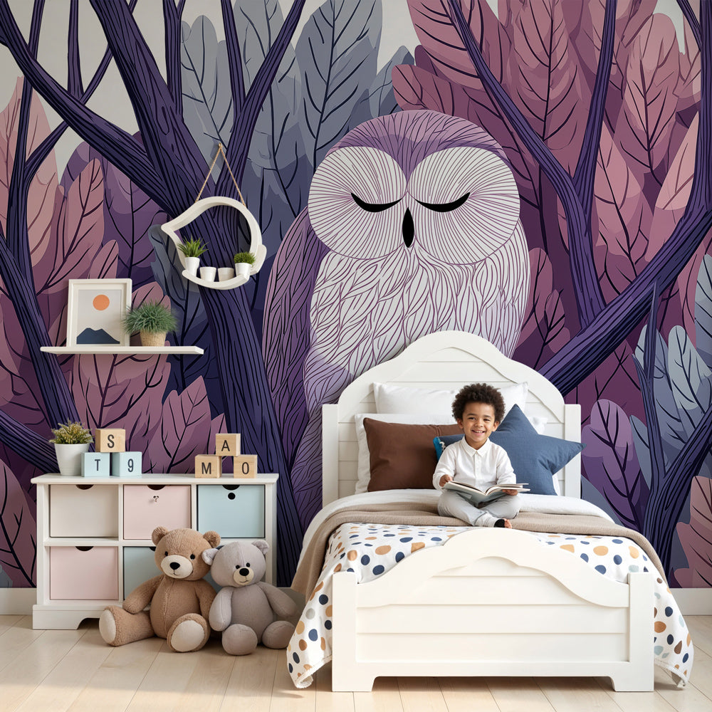 Kids-Mundo sleeping owl wall mural in a dusky purple nursery with a cot and soft lighting