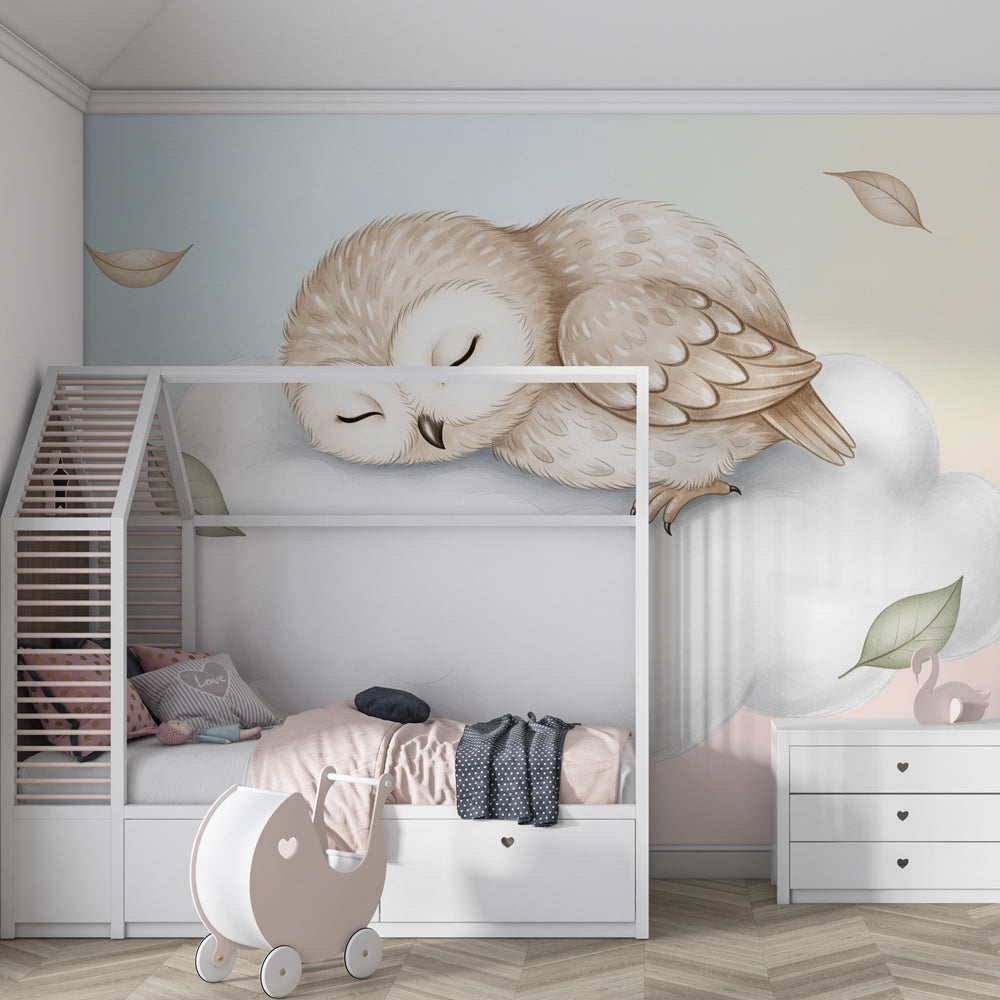 Dreamy owl cloud wallpaper in modern kids bedroom with natural wood furniture by Kids-Mundo