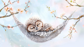 Detailed sleeping owl in hammock mural wallpaper design pattern with cherry blossoms by Kids-Mundo