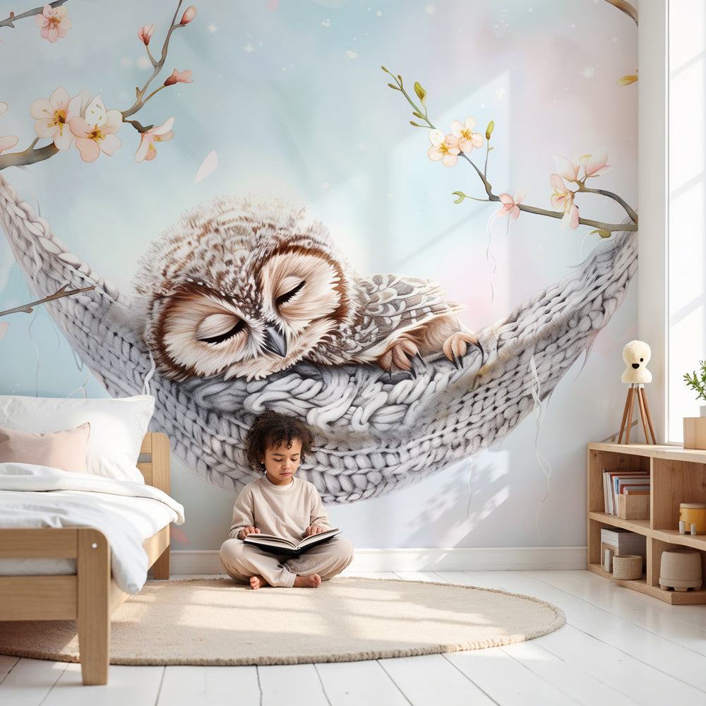 Sleeping owl cherry blossom mural wallpaper in peaceful nursery setting by Kids-Mundo