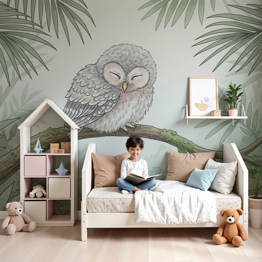 Sleeping owl jungle mural wallpaper in peaceful nursery setting by Kids-Mundo