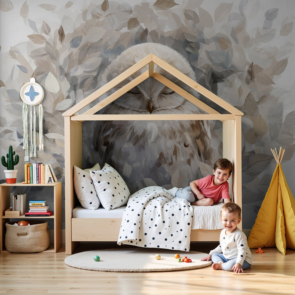 Sleeping owl mural wallpaper creating peaceful woodland atmosphere in modern nursery by Kids-Mundo
