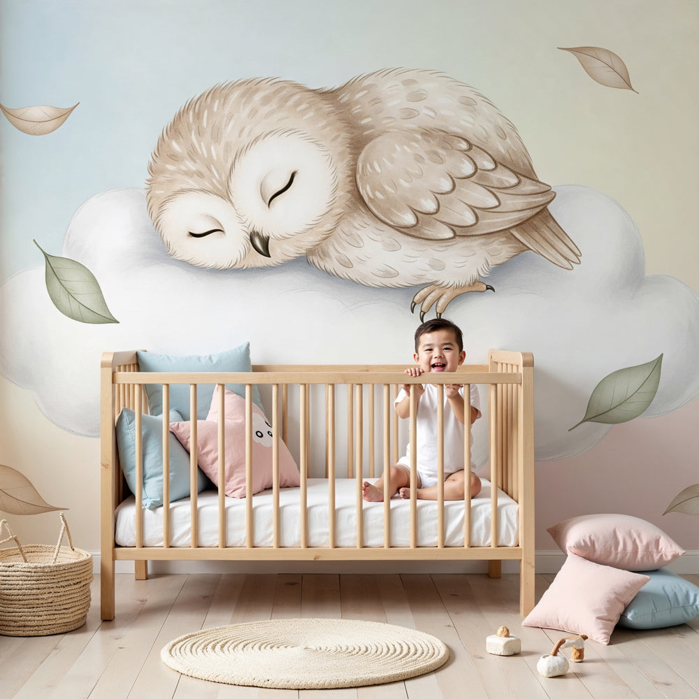 Sleeping owl mural wallpaper creating peaceful nursery decor with soft pastel clouds by Kids-Mundo