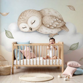 Sleeping owl mural wallpaper creating peaceful nursery decor with soft pastel clouds by Kids-Mundo