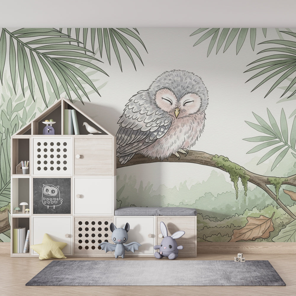 Nature-themed owl mural wallpaper transforming kids room into jungle sanctuary