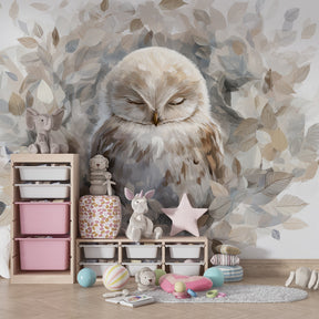 Peaceful owl mural wallpaper in beige and blue tones for calming kids room decor by Kids-Mundo