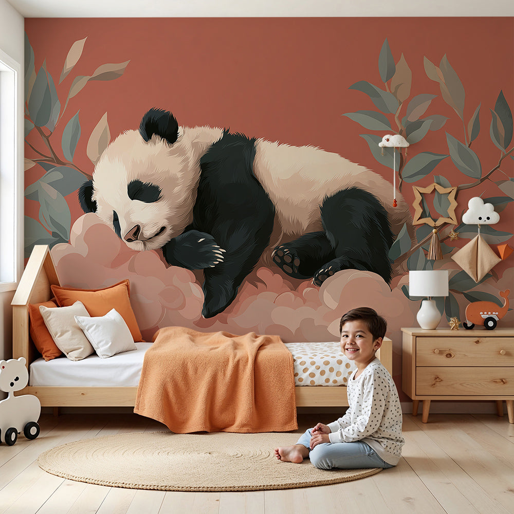 Kids-Mundo sleeping panda wall mural styled on a soft cloud in a nursery room