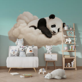 Dreamy panda wallpaper creating peaceful kids bedroom atmosphere with soft blue gradient background