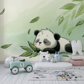 Gentle panda and leaves wallpaper in modern children's bedroom decor