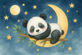 Detailed sleeping panda mural wallpaper design pattern with golden stars and moon by Kids-Mundo