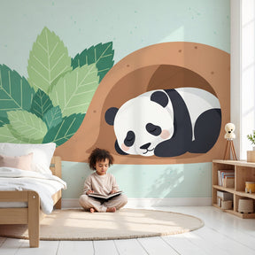 Sleeping panda mural wallpaper creating peaceful nursery atmosphere with cozy forest den design by Kids-Mundo