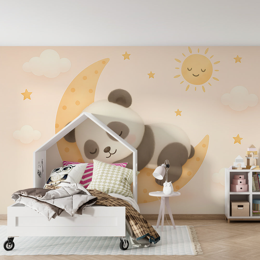Peaceful panda nursery wallpaper with wooden furniture and plush toys decor setup