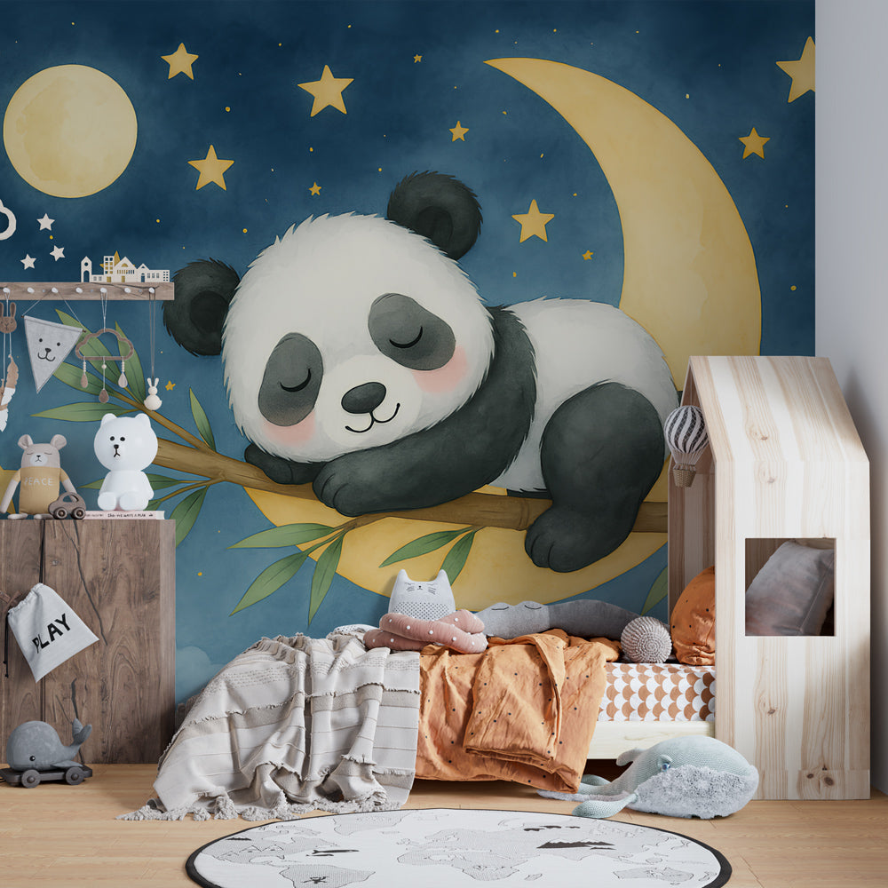 Starry night panda wallpaper transforming children's room into dreamy sanctuary with golden stars