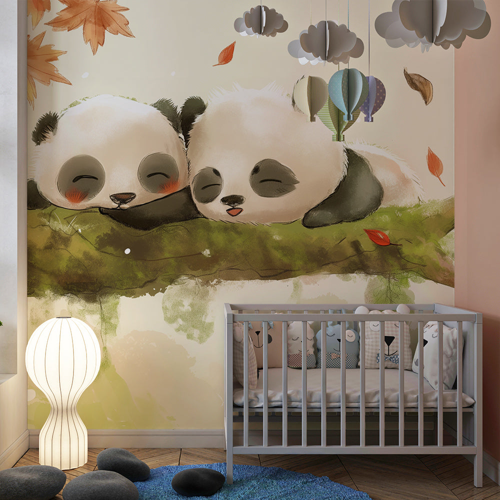 Kids-Mundo two sleeping pandas wall mural on a feature wall in a kids' bedroom